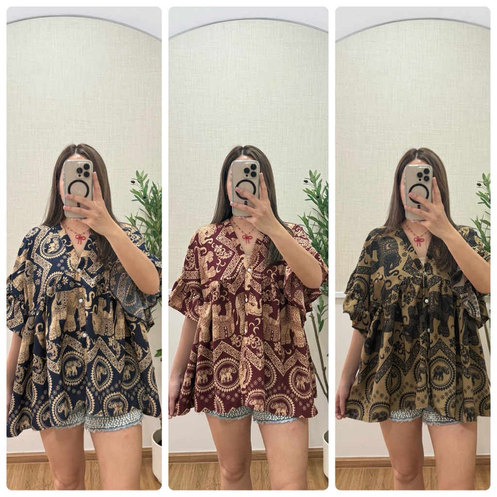 (เสื้อ)คอวีแขนระบายลายช้าง