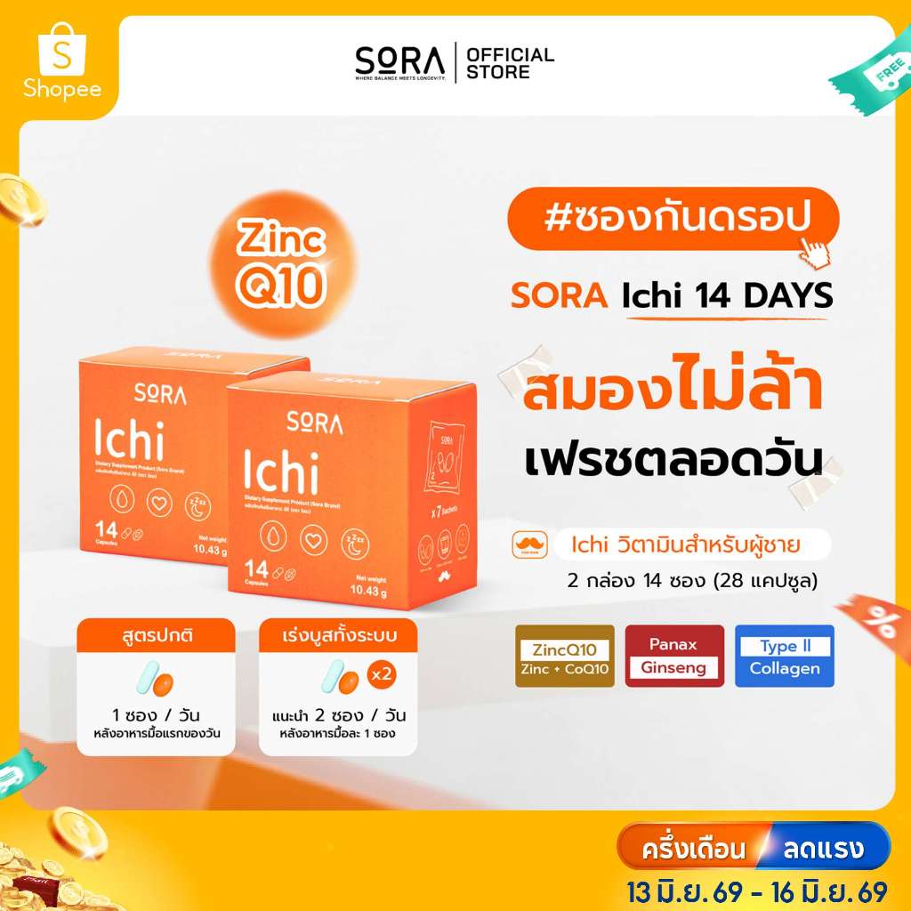 Sora Ichi 1 แถม 1 (ทดลอง 14 วัน) โปร 13-16 มิถุนายน l บูสสมองเฟรซ โฟกัสดี เสริมภูมิ ชาร์จพลังงาน ไม่ล้าง่าย สำหรับผู้ชาย