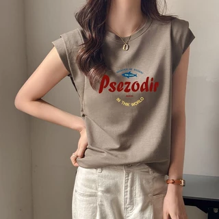 เสื้อยืดสวยๆผู้หญิงฤดูร้อนกําลังฮิตใหม่ล่าสุด oversize เสื้อผ้าสาวอวบแฟชั่น เสื้อแขนกุดสองชั้นไตล์เกาหลี สกรีนลายวินเทจ
