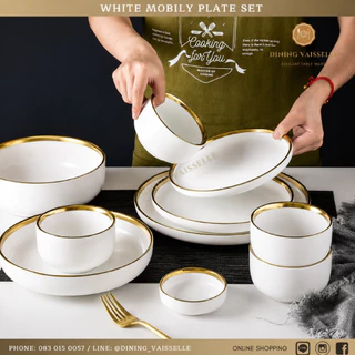 Dining Vaisselle จานชาม White Mobily Plate ขาวขอบทองสุดหรูสไตล์ยุโรป เนื้อหนาออกแบบอย่างดี