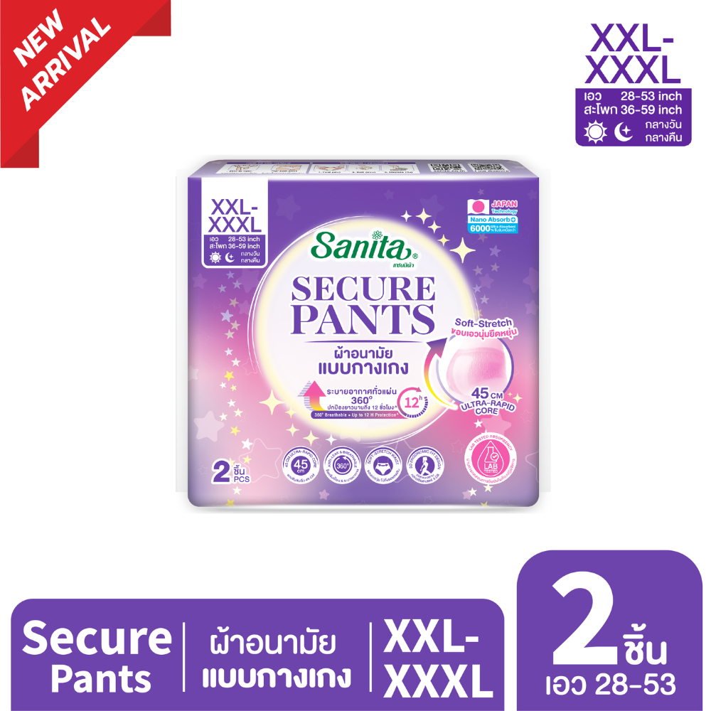[แพ็ค X 6ห่อ] Sanita SecurePants / ผ้าอนามัยแบบกางเกง (ไซส์ L-XL : 26-49 นิ้ว) 2 ชิ้น / ห่อ