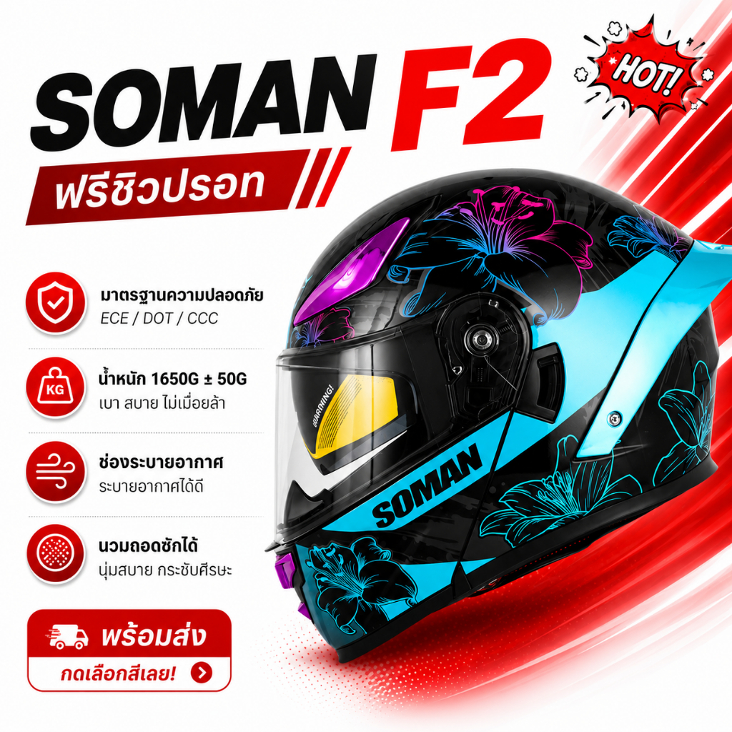 SOMAN F2 หมวกกันน็อคเต็มใบ-เปิดคาง โฉมใหม่ ดีไซน์สปอร์ตโฉบเฉี่ยว แถมฟรีชิวปรอท!