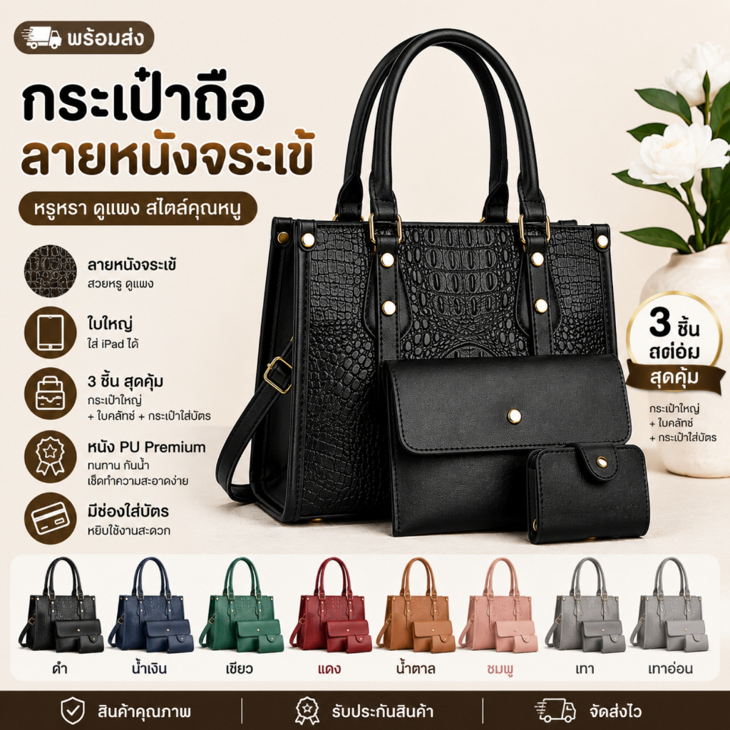 พร้อมส่งจากไทย H0127 กระเป๋าถือ สะพายข้าง  ทรงเอกสาร ลายหนังจระเข้ หนังพียู มีใบลูก 12 นิ้ว