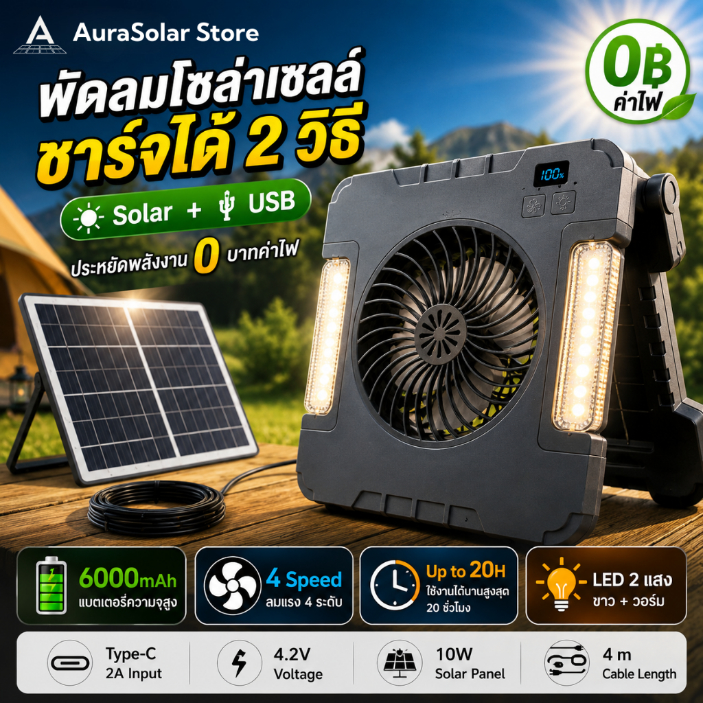 💥NEW💥พัดลมโซล่าเซลล์ 10 นิ้ว ใช้งานฟรีด้วยพลังงานแสงอาทิตย์ ไม่เสียค่าไฟ มีไฟ LED ใช้ได้ 15-20 ชม