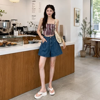 กางเกงขาสั้นยีนส์เอวสูง ปิดสะโพกกระชับเอว วินเทจ ทรงหลวม ใส่สบาย Denim Shorts ส่งจากไทย#T47