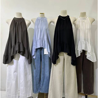 M2122 New Arrival! เสื้อสายคล้องคอผูกโบว์หลัง ชายระบายพริ้วสวย สไตล์มินิมอลเกาหลี