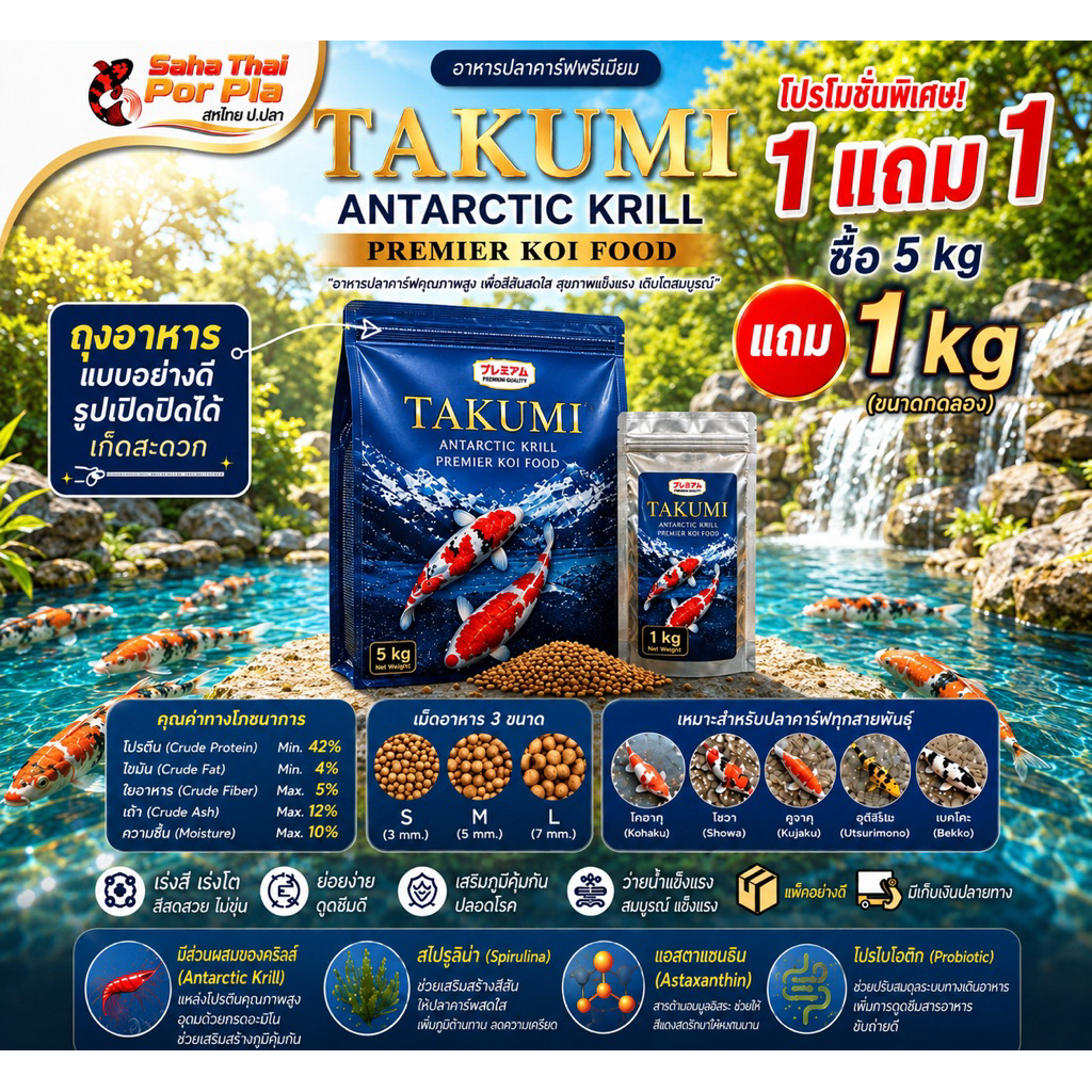 1 แถม 1🦐ทาคุมิ เร่งโตโปรตีน 42%#Takumi บรรจุ 5kg แถม ขนาดทดลอง 1 kg (ถุงใส)เกรดพรีเมี่ยมเร่งโตน้ำไม่ขุ่นสูตรเม็ดลอย