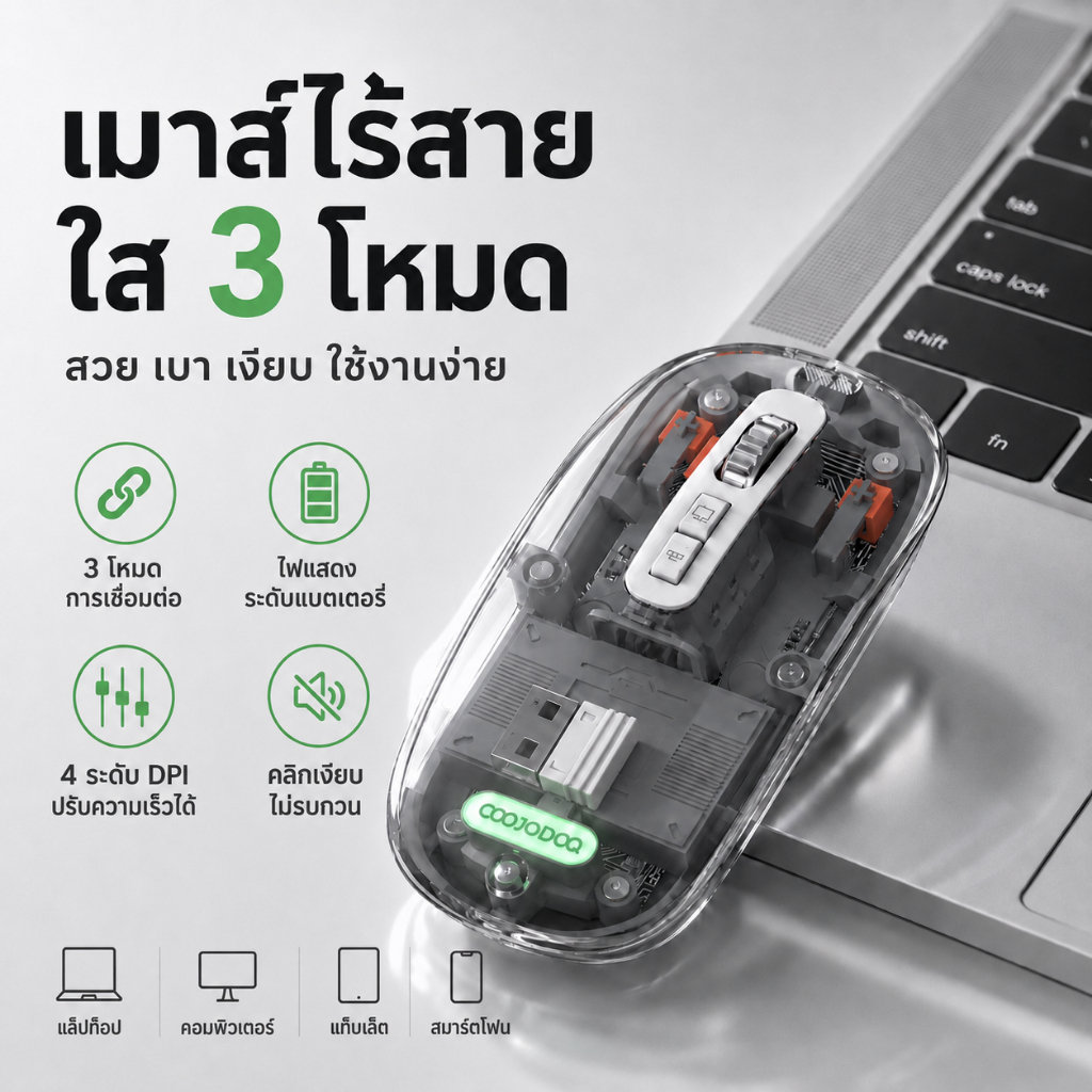 เมาส์ไร้สายใส 3 โหมด Bluetooth 2.4G Type-C คลิกเงียบ ปรับ DPI 4 ระดับ แบตเตอรี่ 400mAh รองรับ Windows macOS Android iOS