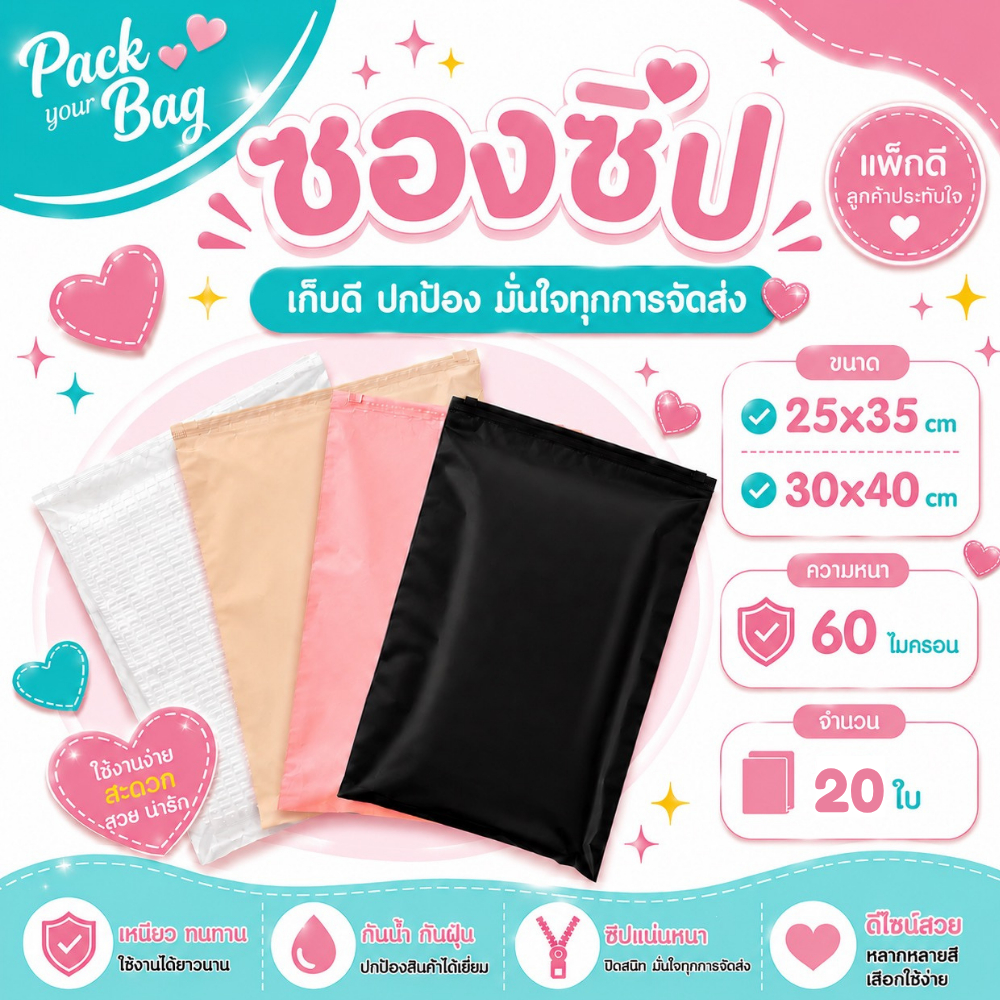 ถุงซิป (PACK 20 ใบ) ถุงอเนกประสงค์ ถุงเก็บเสื้อผ้า ซองซิปรูด เนื้อนุ่ม สำหรับแพ็คเสื้อผ้า