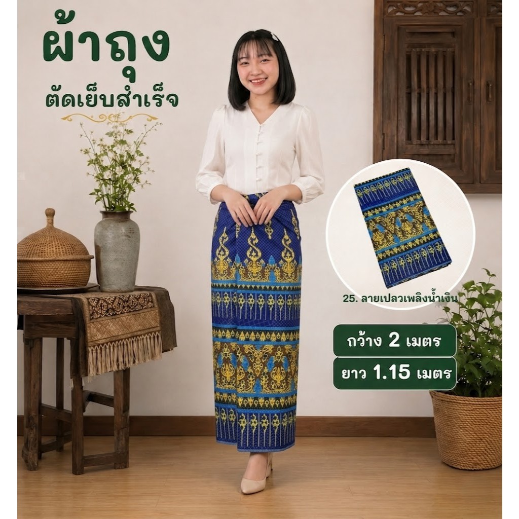 ผ้าถุงตัดเย็บสำเร็จ 2เมตร เลือกลายได้ คุณภาพดี