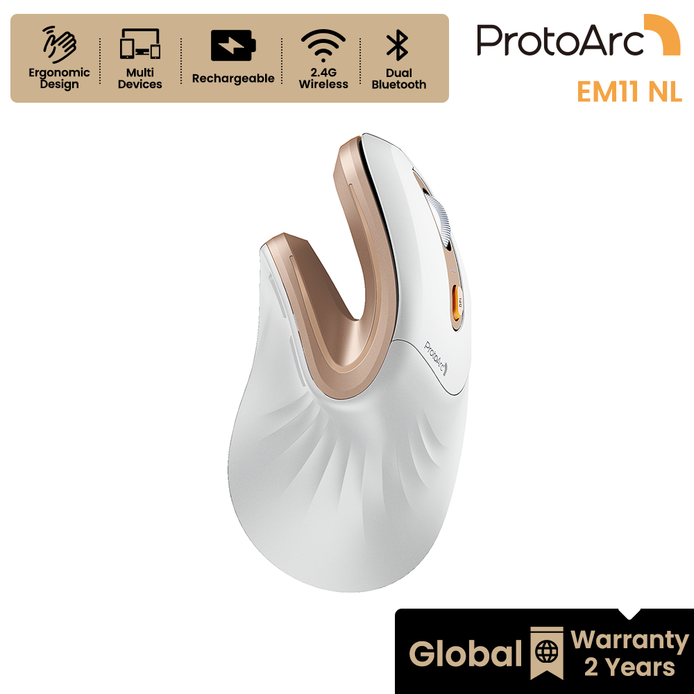 ProtoArc EM11 NL เมาส์แนวตั้ง Ergonomic ไร้สาย Bluetooth 2 ช่อง + 2.4G DPI 8000 ชาร์จได้ สีขาว-ทอง รับประกัน 2 ปี