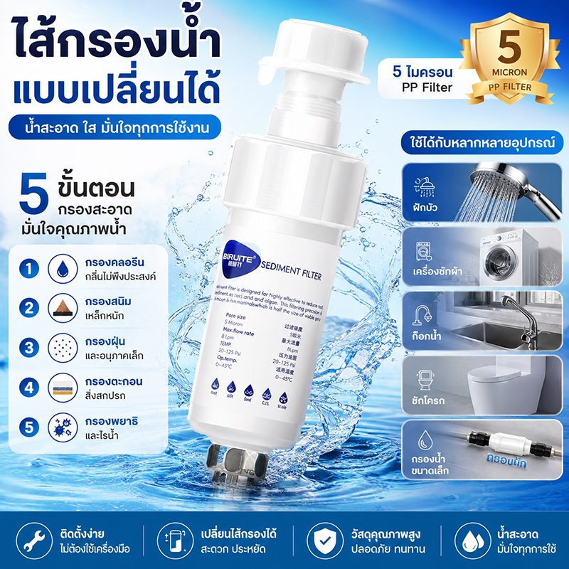 💥แถมฟรี ข้อต่อก๊อกน้ำ💥กรองน้ำฝักบัว เปลี่ยนไส้กรองได้ ไส้กรองฝักบัว เปลี่ยนละเอียด 5 ไมครอน กรองสิ่งเจือปนจากน้ำ