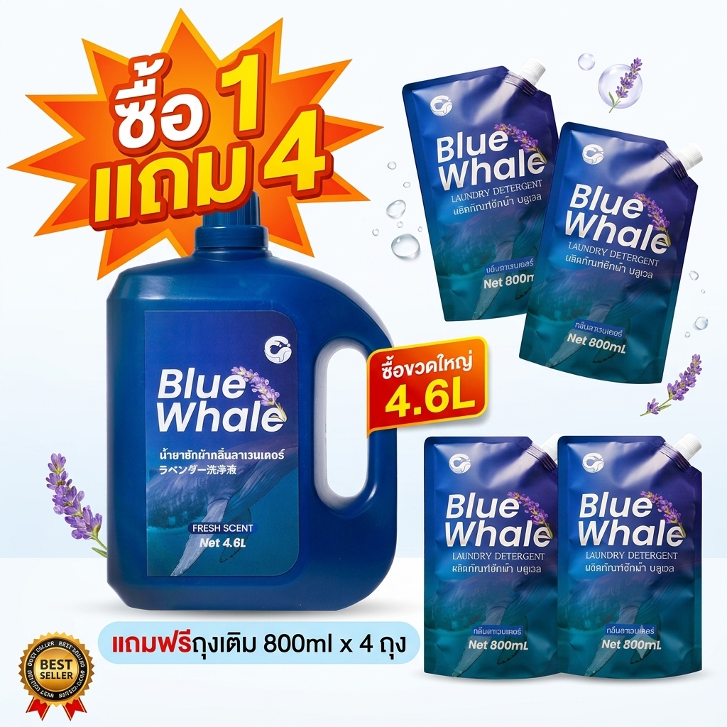 น้ำยาซักผ้าตากในร่ม ลดกลิ่นอับ หอมติดทนนาน 4.6 L แถมถุงเติม 800ml ซักสะอาด มีสูตรลาเวนเดอร์ และ สูตรตะไคร้หอมป้องกันยุง