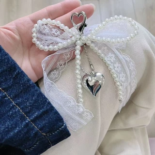 พวงกุญแจโบว์จี้ไข่มุก จี้ห้อยกระเป๋า พวงกุญแจ keychain ตกแต่งกระเป๋า bag Y2K ดำ สไตล์หวาน