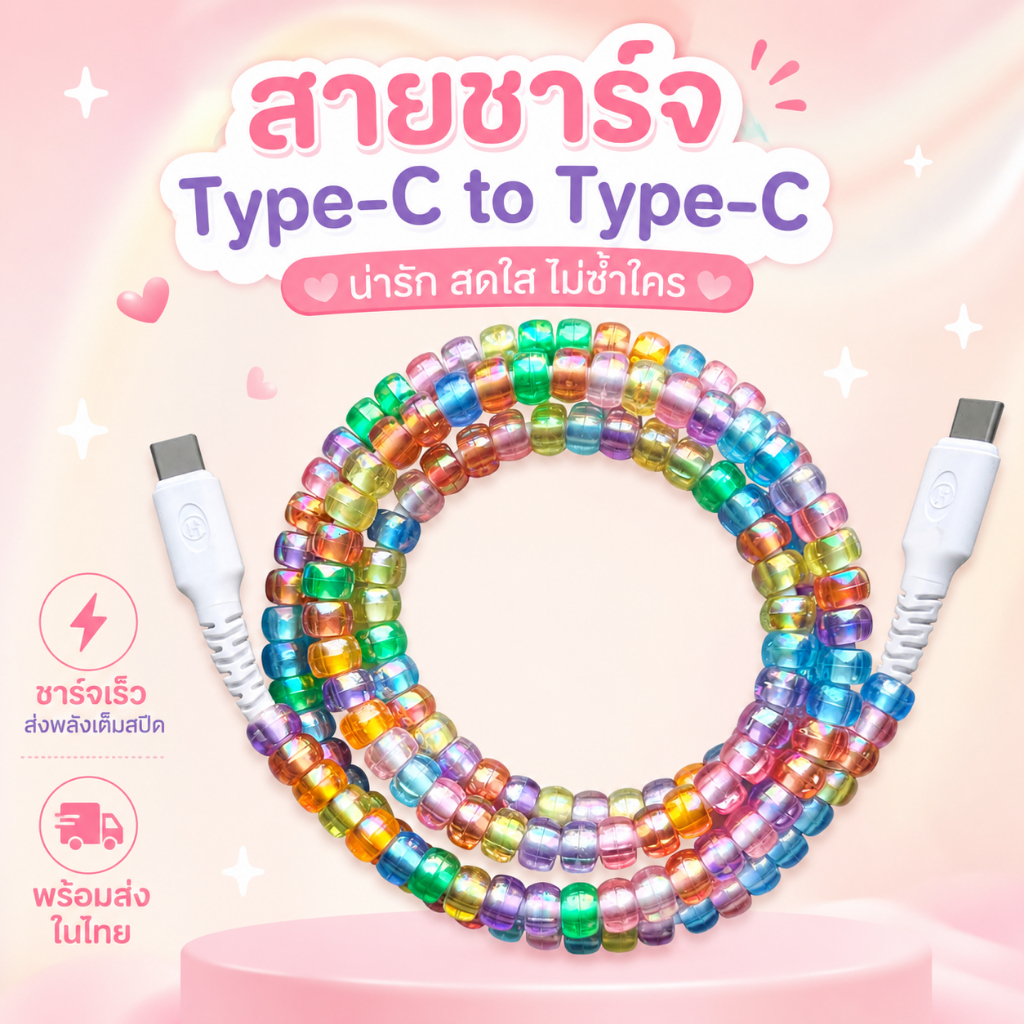 🚚ส่งจากไทย🚚 สายชาร์จ สายชาร์จ Type-C 60W ลูกปัดแฟชั่น สีพาสเทล Type-C to Type-C ชาร์จไว ใช้งานได้หลากหลาย