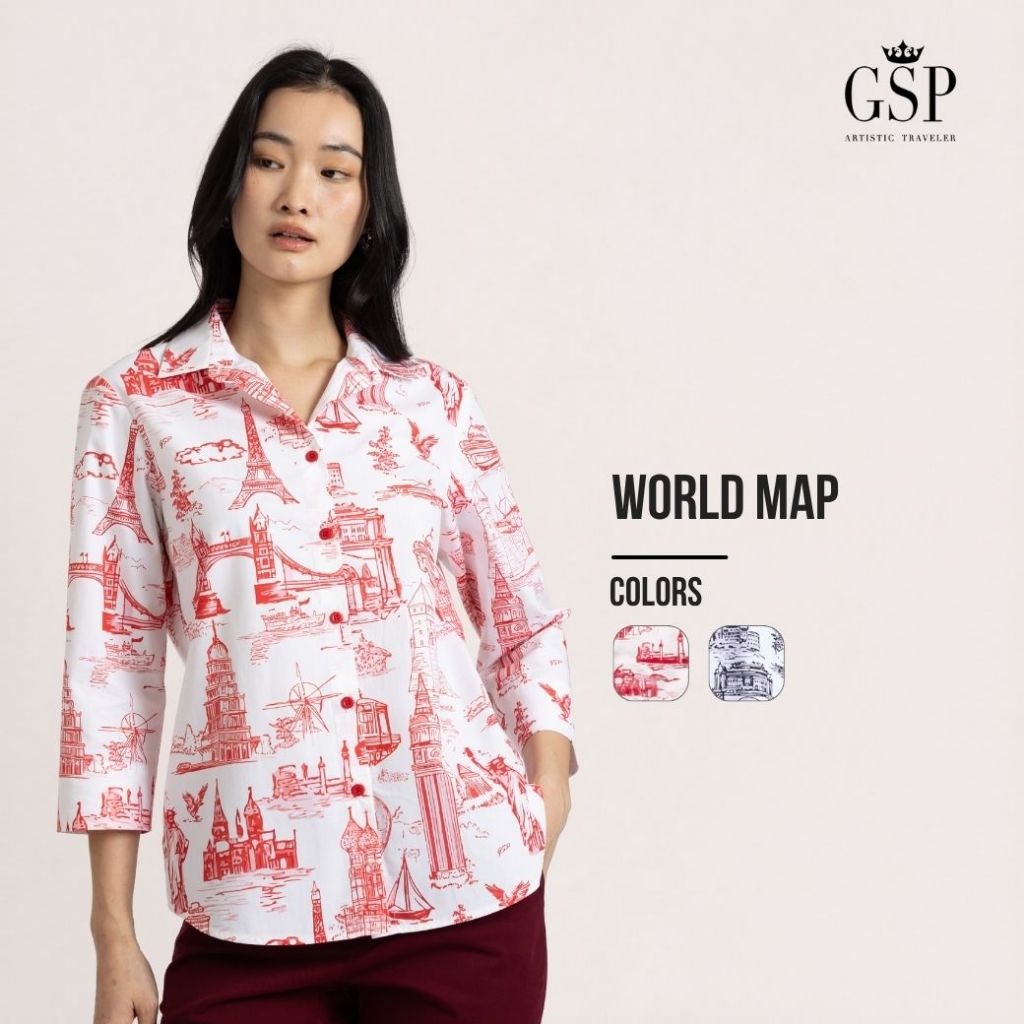 GSP World Map Graphic Collection เสื้อเชิ้ตผู้หญิง ลายพิมพ์ สไตล์ City Explorer