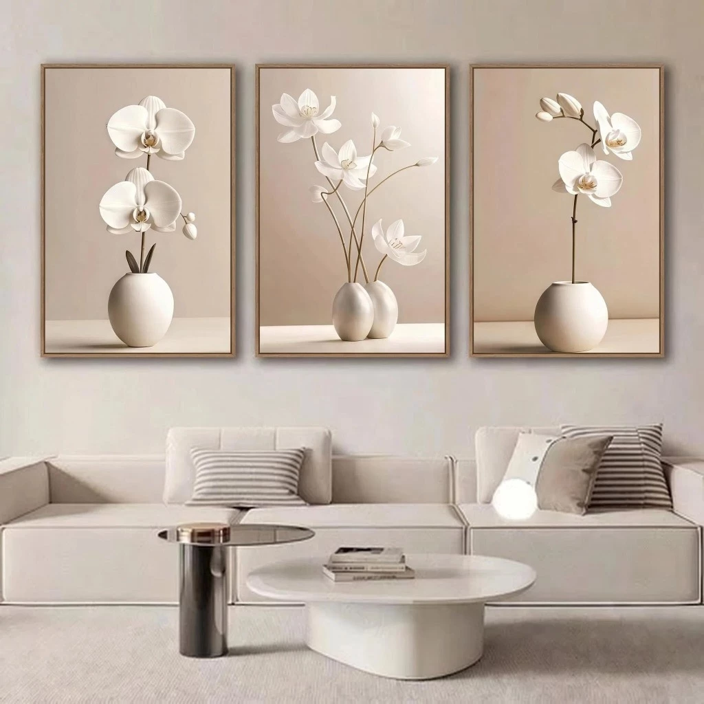 ชุดภาพติดผนัง 3 ชิ้น พร้อมกรอบไม้ โทนสีธรรมชาติ ลายดอกไม้และศิลปะนามธรรมสีทอง ตกแต่งห้องนั่งเล่น ห้องนอน สไตล์มินิมอล