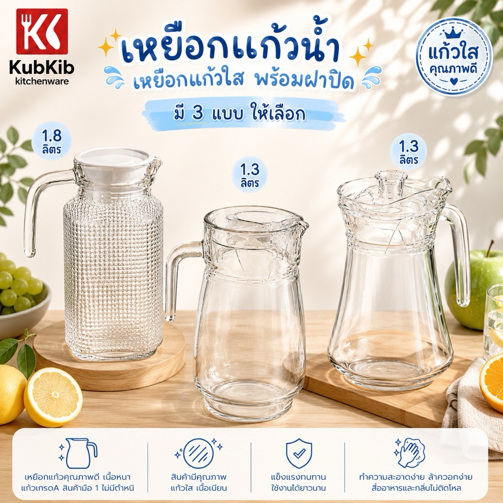 เหยือกแก้วน้ำ เหยือกน้ำใส พร้อมฝาปิด พลาสติก มี6แบบ