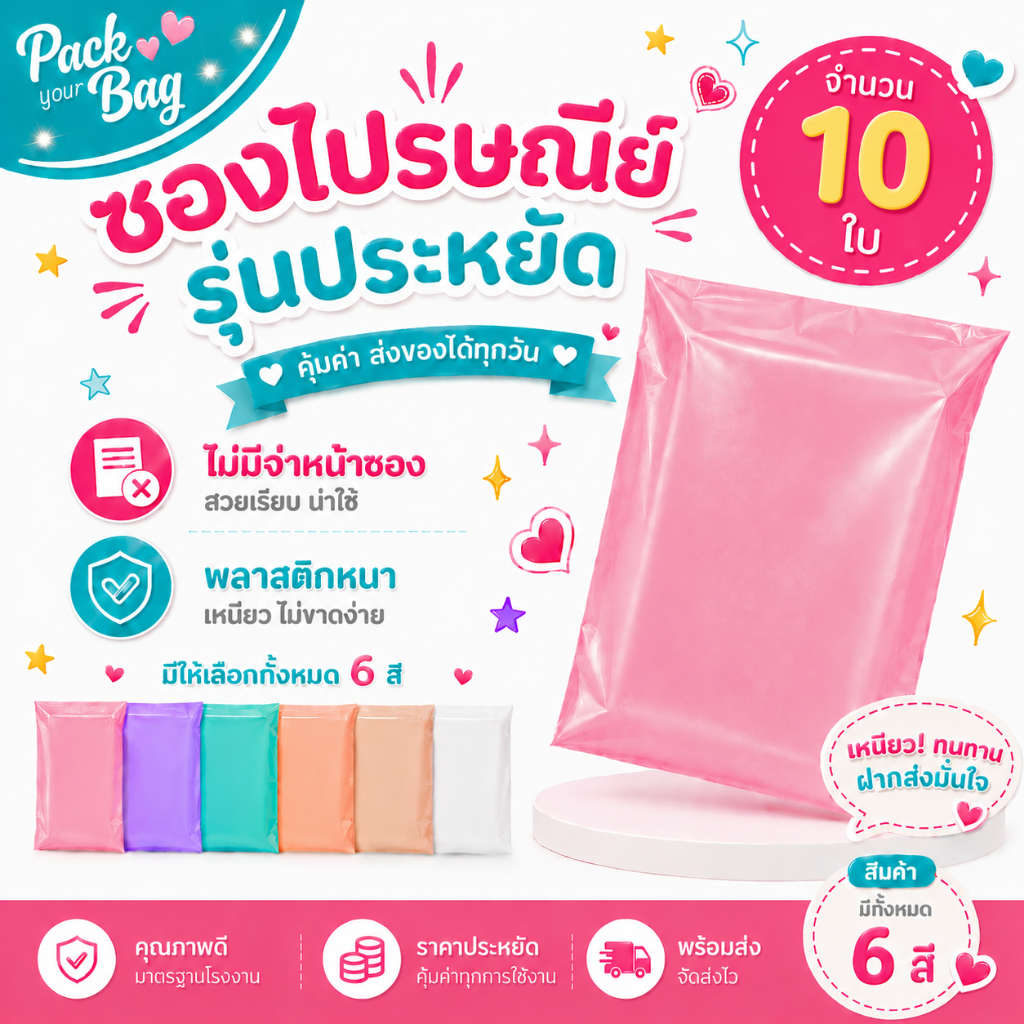 ซองไปรณีย์สีพาสเทล ถุงไปรษณีย์พาสติก ซองไปรษณีย์พาสเทล ซองไปรษณีย์พลาสติก รุ่นไม่จ่าหน้า 10 ใบ