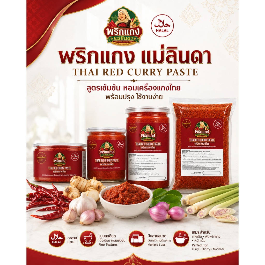 พริกแกงเผ็ด แม่ลินดา Thai Red Curry Paste แบบละเอียด สูตรเข้มข้น ฮาลาล