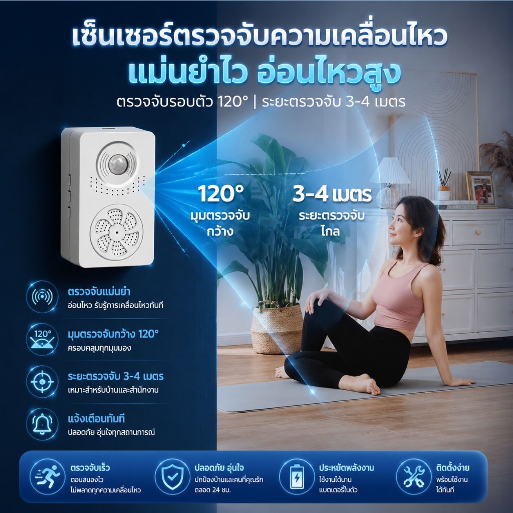 กริ่งประตูไร้สาย PIR เปิดประตูแจ้งเตือนเสียง  ตรวจจับคน เคลื่อนไหว 3‑4ม. ป้องกันขโมย ปรับเสียงได้ USB ชาร์จ