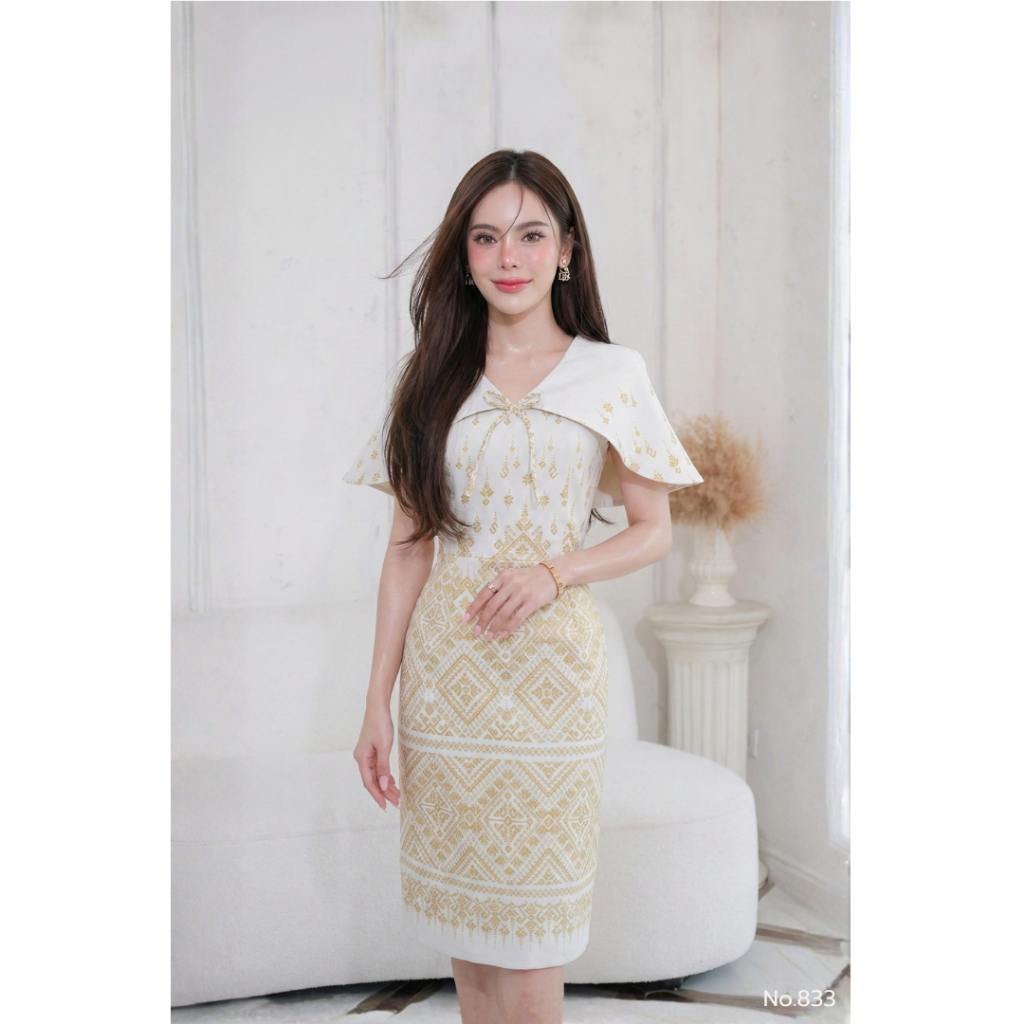 KS833 ชุดเดรสผ้าแพรวากาฬสินธุ์ ทรงระบายคลุมไหล่ ทรงสอบ แต่งโบว์อก งานอัดกาวทั้งชุด ทุกชิ้น ซิปซ่อนด้านหลัง (S-3XL)