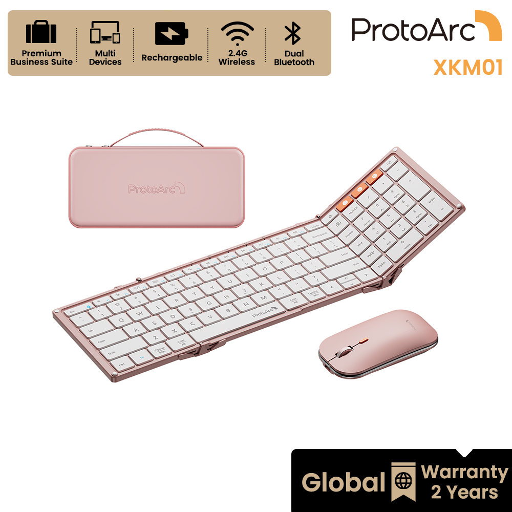 ProtoArc XKM01 คีย์บอร์ดและเมาส์พับได้ ระดับพรีเมียม บลูทูธไร้สาย + 2.4G ชาร์จไฟได้ พร้อมกล่องแข็ง สีชมพู รับประกัน 2 ปี