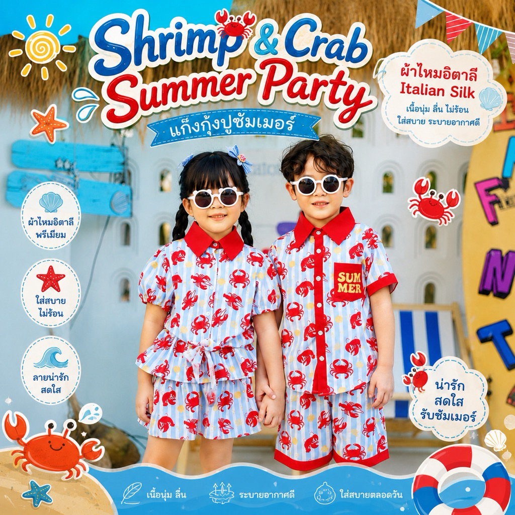 Shrimp & Crab Summer Party 🦞🦀 แก๊งกุ้งปูซัมเมอร์ ชุดเด็กผ้าไหมอิตาลี เซ็ตเสื้อกางเกง/กระโปรง ลายทะเล ใส่สบาย