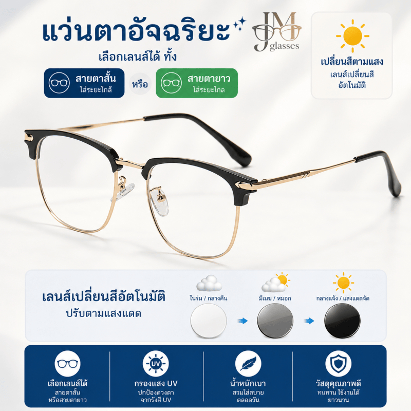 แว่นสายตาเปลี่ยนสีอัตโนมัติ เลือกได้ทั้งสายตาสั้นและสายตายาว กรอง UV กรอบครึ่งขอบ น้ำหนักเบา ใส่สบาย