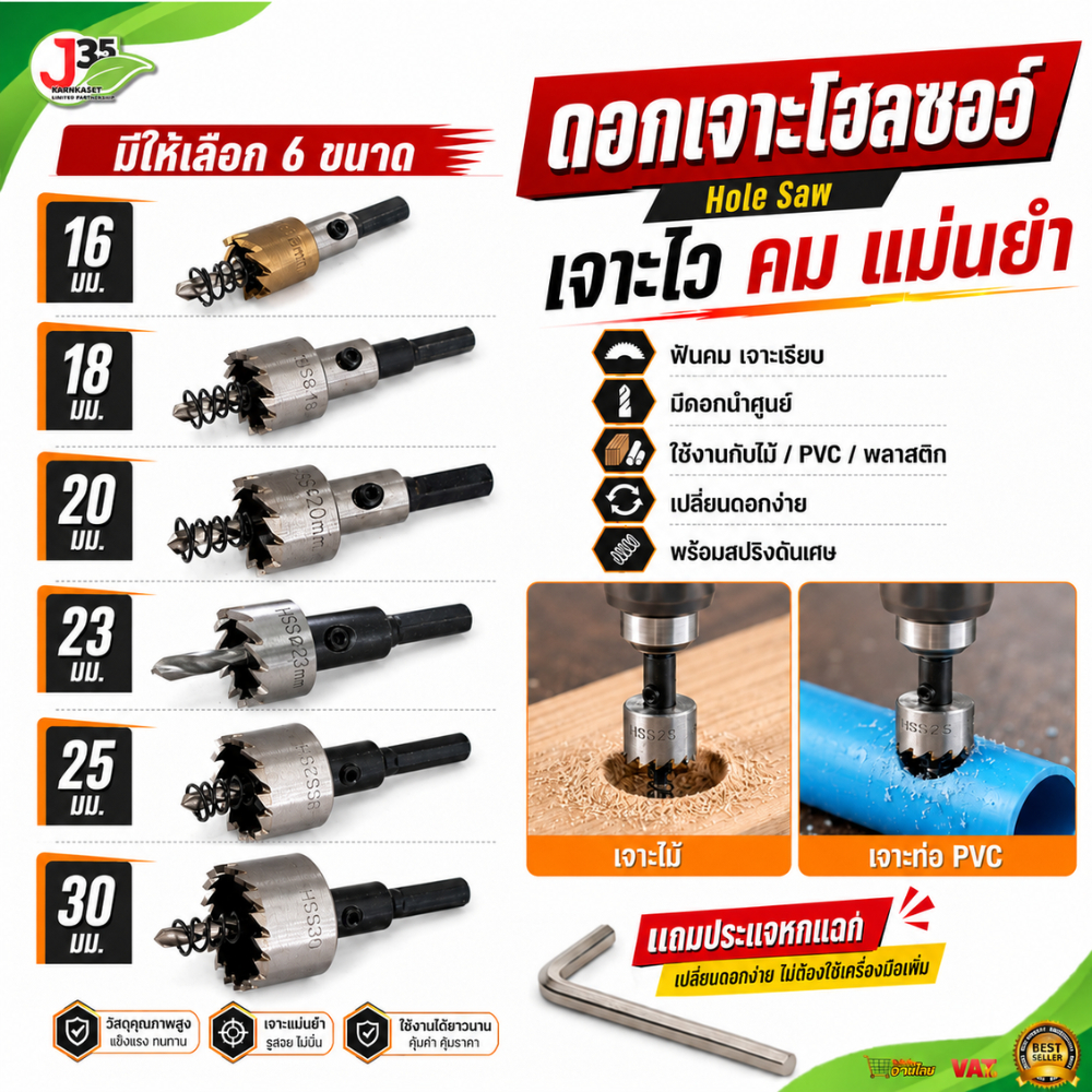 ดอกเจาะ โฮลซอว์ เจาะเหล็ก 16มม. 18มม. 20มม. 23มม. 25มม. 30มม. สำหรับเจาะ PVC เจาะไว คม แม่นย
