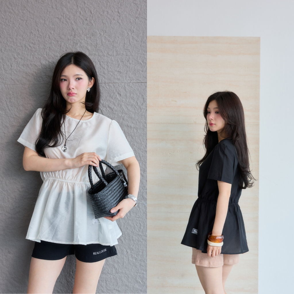 Realloose | Cher top เสื้อรุ่นนี้ทำจากผ้า sheer silk มีความเงานิดๆ ช่วงเอวเป็นยาง เพิ่มโลโก้ลูกไม้ช่วงปลายผ้า