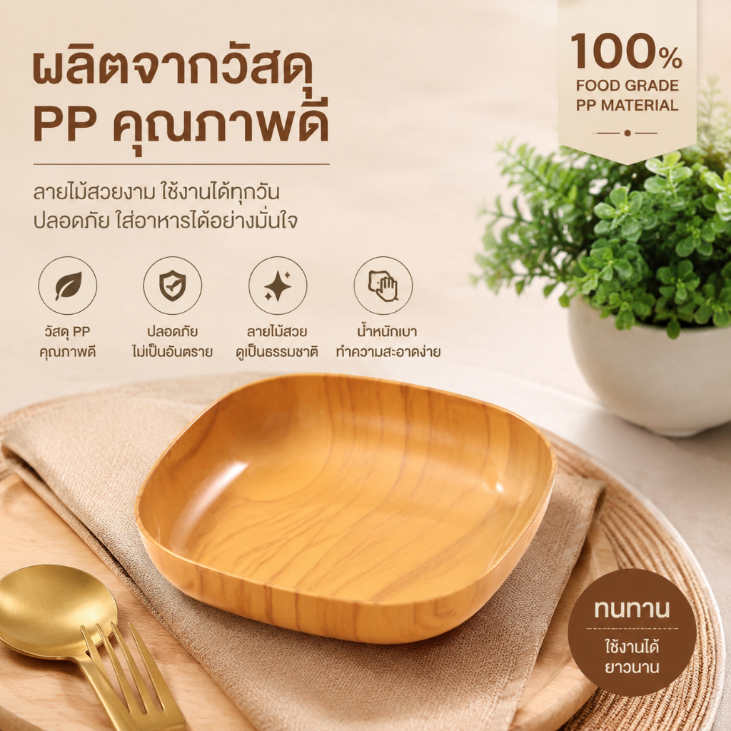 ชุดจานลายไม้ ดีไซน์สวย น้ำหนักเบา จับถนัดมือ มีให้เลือก 4 ชิ้น/9 ชิ้น/18 ชิ้น วัสดุหนาแน่น สามารถใส่ข้าว ผักผลไม้ และขนม