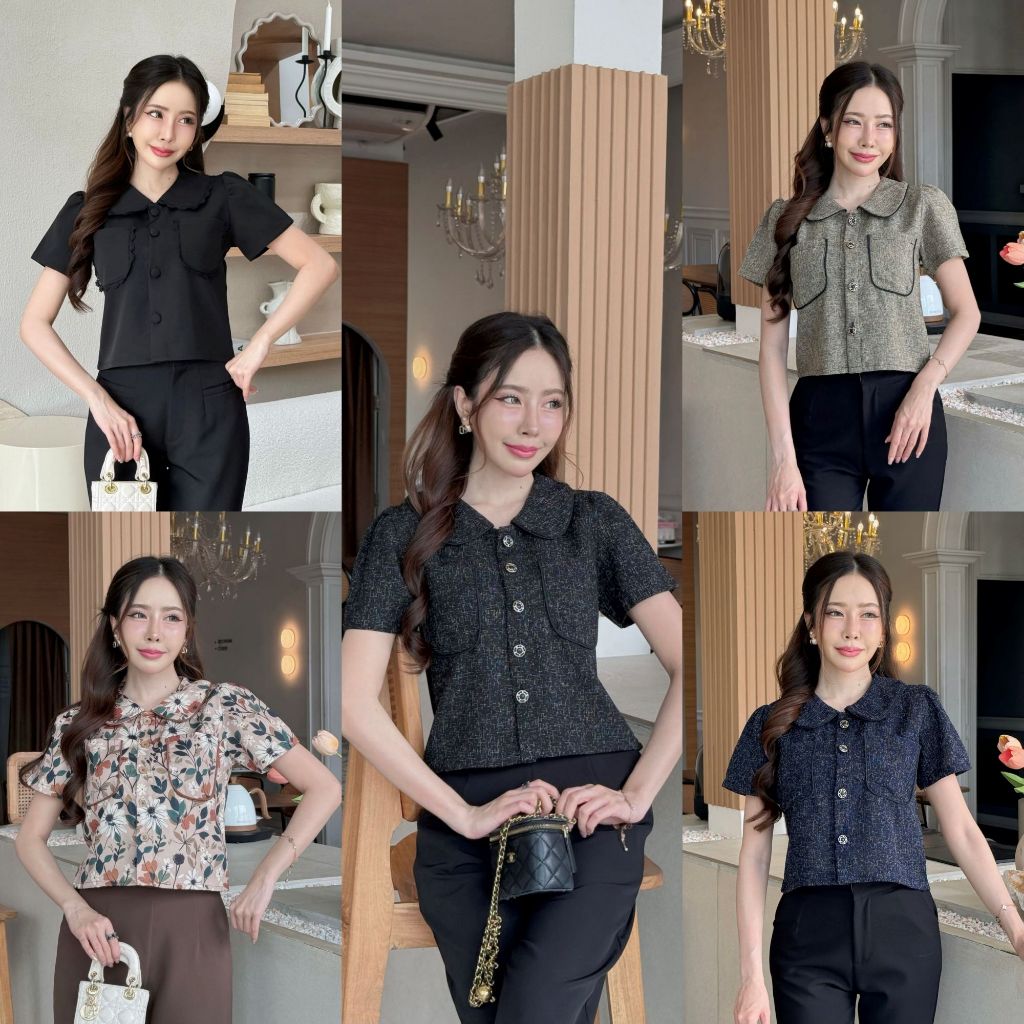 V1[S-XXL] เสื้อครอปคอบัวเล็กน่ารักแต่งกุ้นนูน