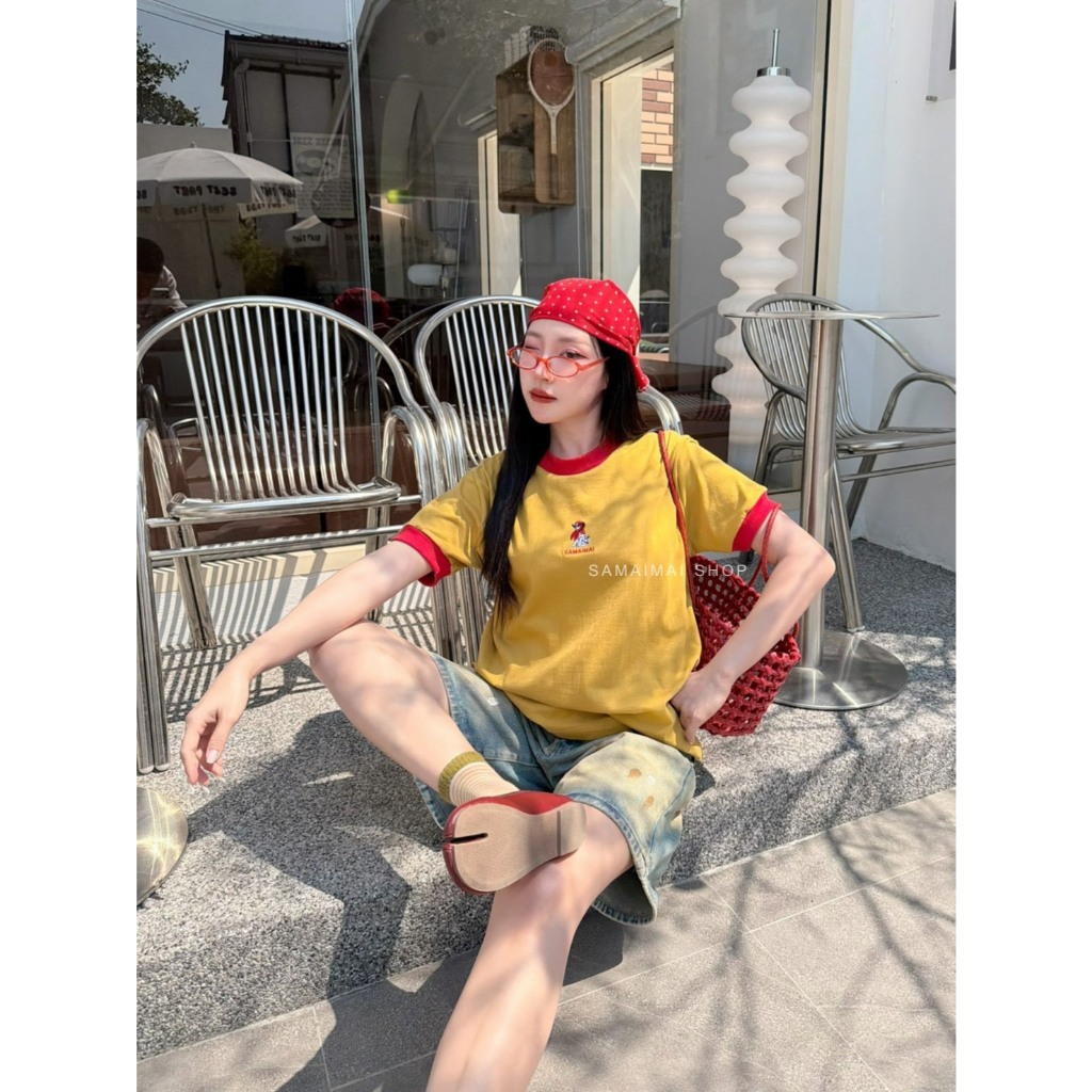 เสื้อยืดแขนสั้น แต่งขอบคอขอบแขน งานปักน้องหมาSAMAIMAI นุ่มใส่สบาย