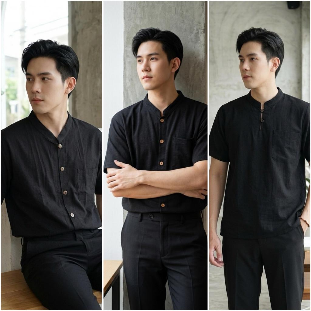 เสื้อผ้าฝ้ายผู้ชาย รุ่นสีดำ เสื้อดำ ผ้าฝ้ายพื้นเมือง