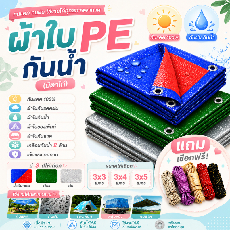 ผ้าใบPE คุณภาพสูง กันน้ำกันแดด ขนาด 3x3-3x4-3x5 เมตร (แถมเชือกเจาะตาไก่) กราวด์ชีท อเนกประสงค์ กันสาด คลุมรถ คลุมของ