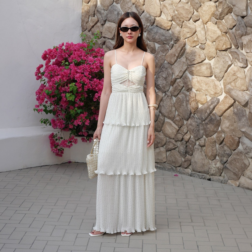LUCA STUDIO_Xandria Dress (Pre-order 29 Sep.) - เดรสยาวสายเดี่ยว ผ้าชีฟองอัดพลีทลายPolka Dot สีขาว แต่งระบายชั้นๆ