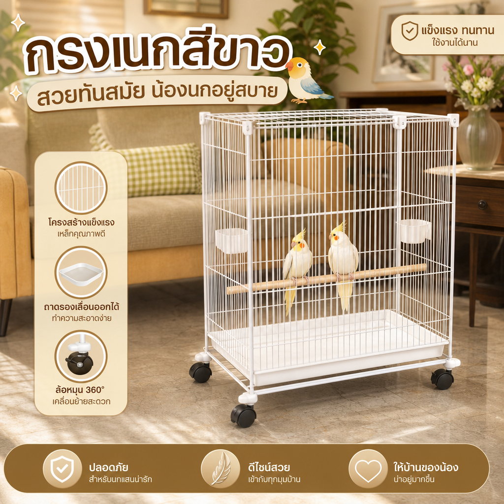 กรงนกใช้งานง่าย แข็งแรง ถอดล้างได้ เคลื่อนย้ายสะดวก