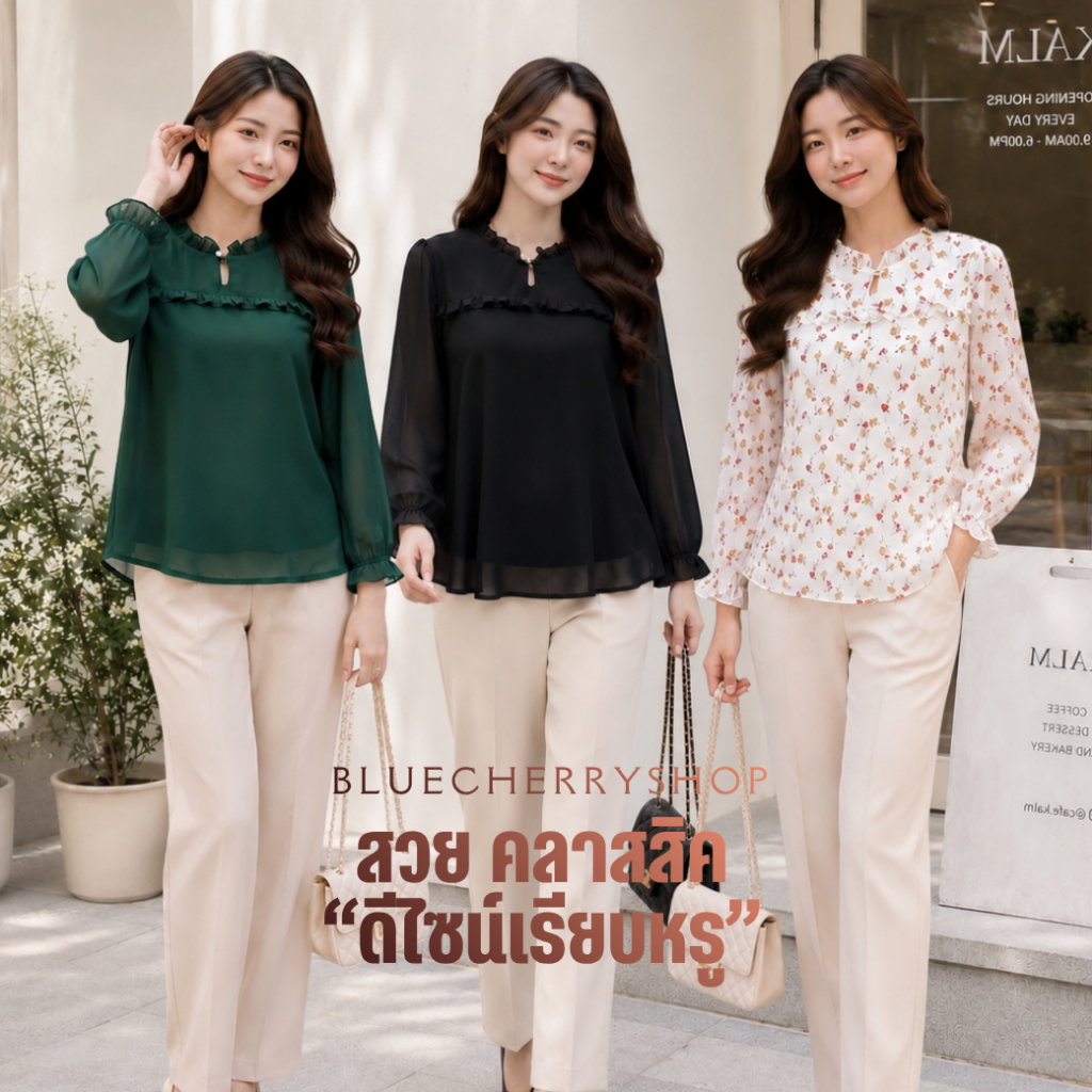 เสื้อสวยเหมือนสั่งตัด รุ่นชายนี่ มีไซส์ 38 40 42 44 46 ผลิตจากผ้าชีฟองเนื้อทราย มีซับในในตัว brand bluecherry