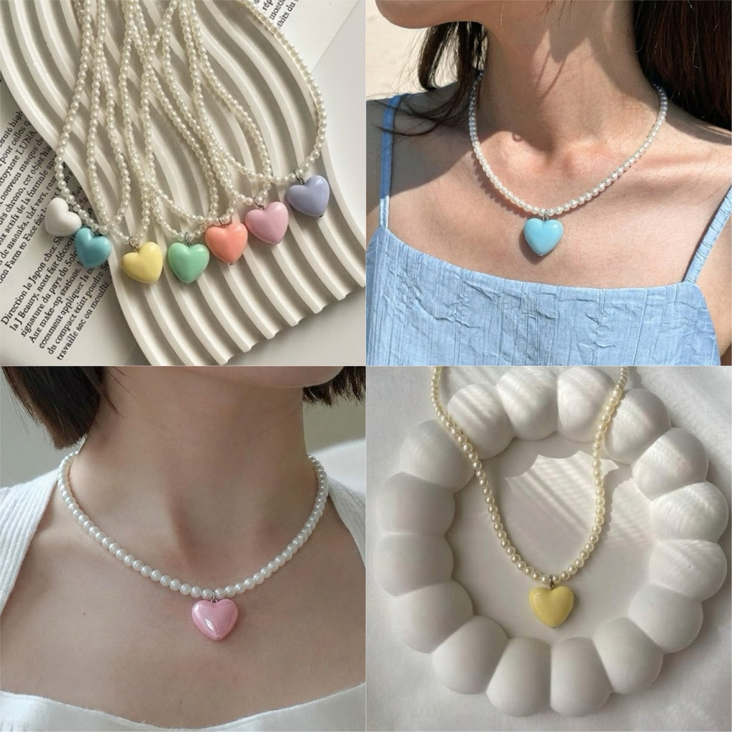 มีส่งทันที/ส่งด่วน🔥สร้อยคอมุกจี้หัวใจหลากสี สร้อยคอลูกปัด NL535-NL541