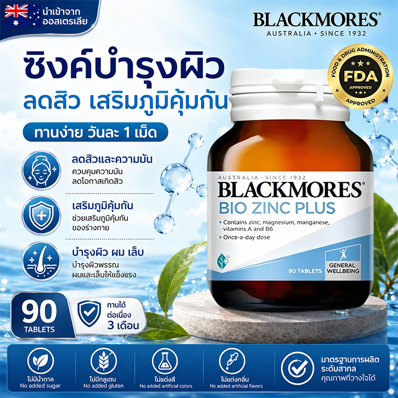 Blackmores Bio Zinc Plus วิตามินซิงค์ลดสิว ควบคุมความมัน บำรุงผิวกระจ่างใส เสริมภูมิคุ้มกัน 90 เม็ด