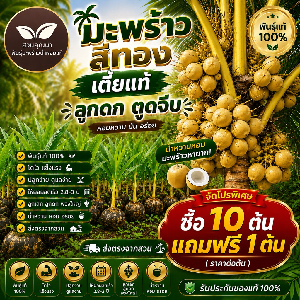 10 ต้นแถม 1 ต้น(ต้นละ 80.-)มะพร้าวสีทองต้นเตี้ย ตูดจีบ พันธุ์บ้านแพ้ว อัมพวา ดำเนิน ส่งตรงจากสวน สายพันธุ์หายากมาก