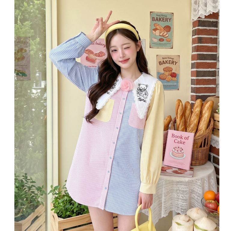 HOT! สีพาสเทล Pastle Bear Dress เดรสทรงปล่อยผ้าคอตตอนเชิ้ตลายทางตัดต่อโทนสีพาสเทล กระดุมหน้า ปกปักน้องหมี + เข็มกลัด