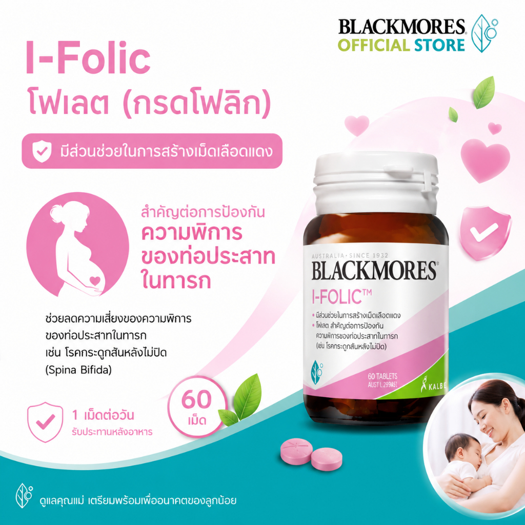 Blackmores I-Folic 60 Tablets แบล็คมอร์ โฟลิก ไอโอดีน บำรุงครรภ์ Folic Acid บำรุงครรภ์ หมดอายุปี 2028