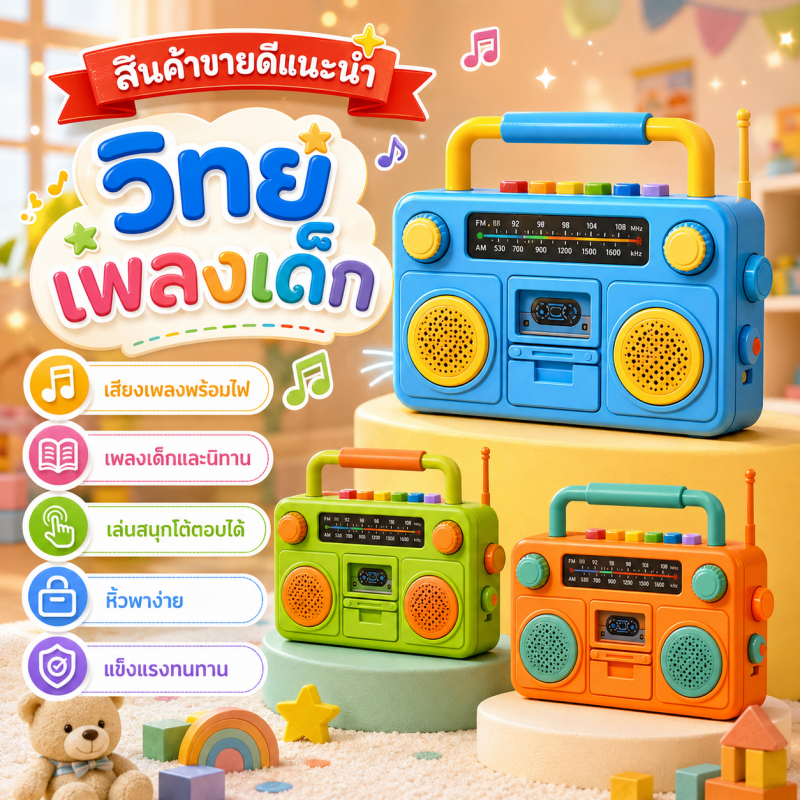 วิทยุของเล่นเด็ก 8087A เสริมทักษะเพลงเด็กและแสงสี เสียงสัตว์และเพลงคลาสสิก ฝึกสมองและภาษาสำหรับเด็กเล็ก 🎶✨