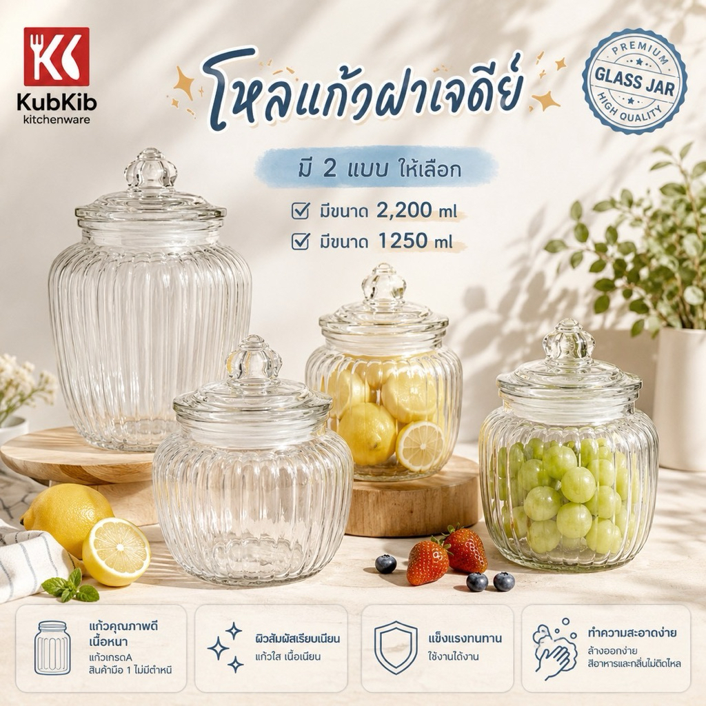 โหลแก้วลายริ้วฝาเจดีย์ (มีทั้งหมดให้เลือก 3 ขนาด) แก้วหนาใช้งานได้นาน