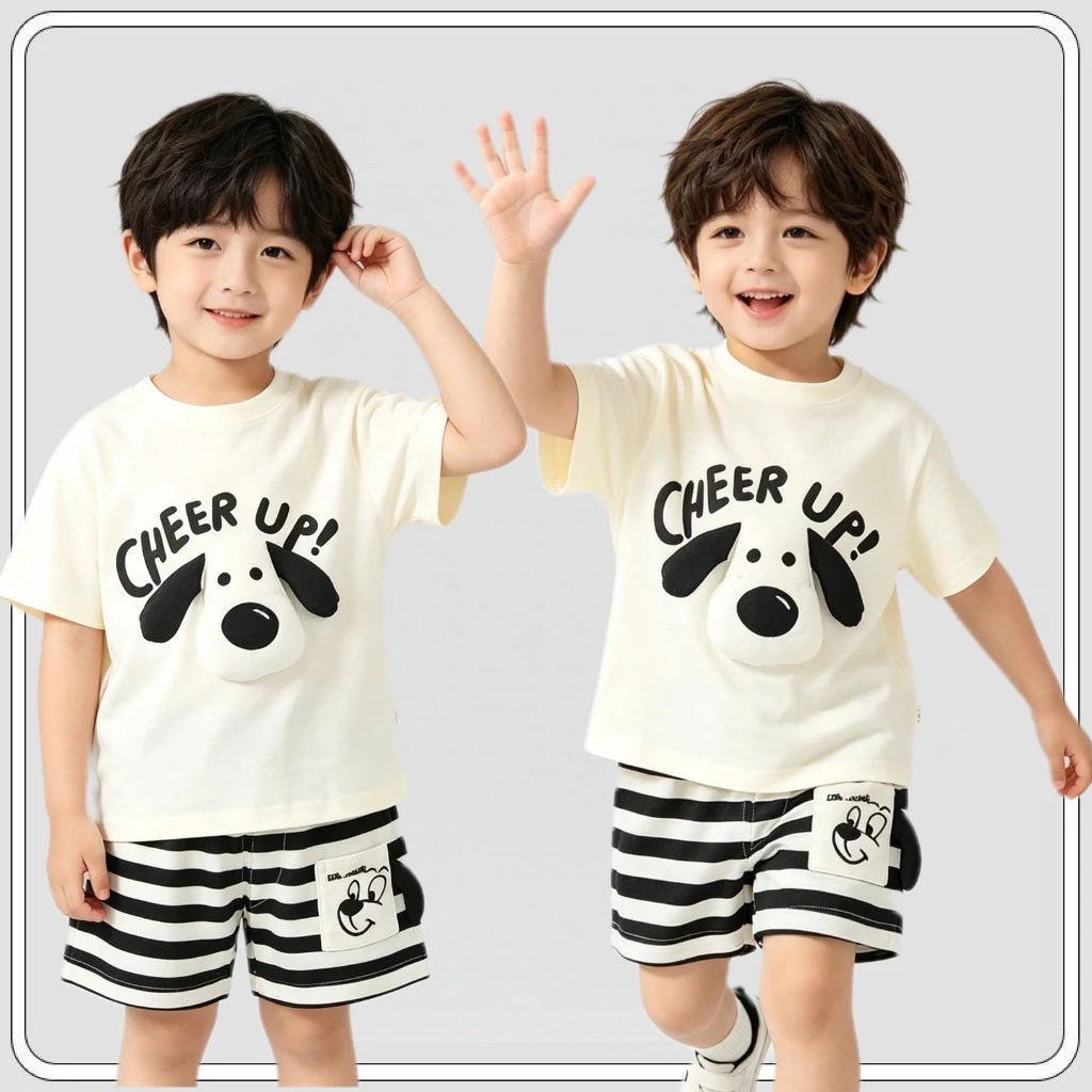 MC332 เซ็ตเสื้อยืดเด็ก + กางเกงขาสั้นลายทาง ใส่ไปเที่ยว/ไปโรงเรียน
