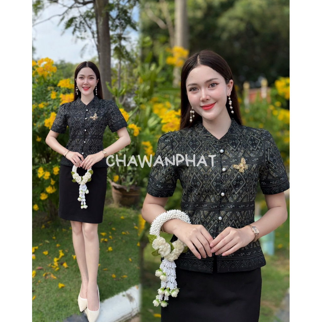 [อก 34-46] 🖤𝙅𝙏 เสื้อคอจีนผ้าฝ้ายพิมพ์ลายไทย สีดำ ทรงจิตรลดา แต่งกระดุมมุก
