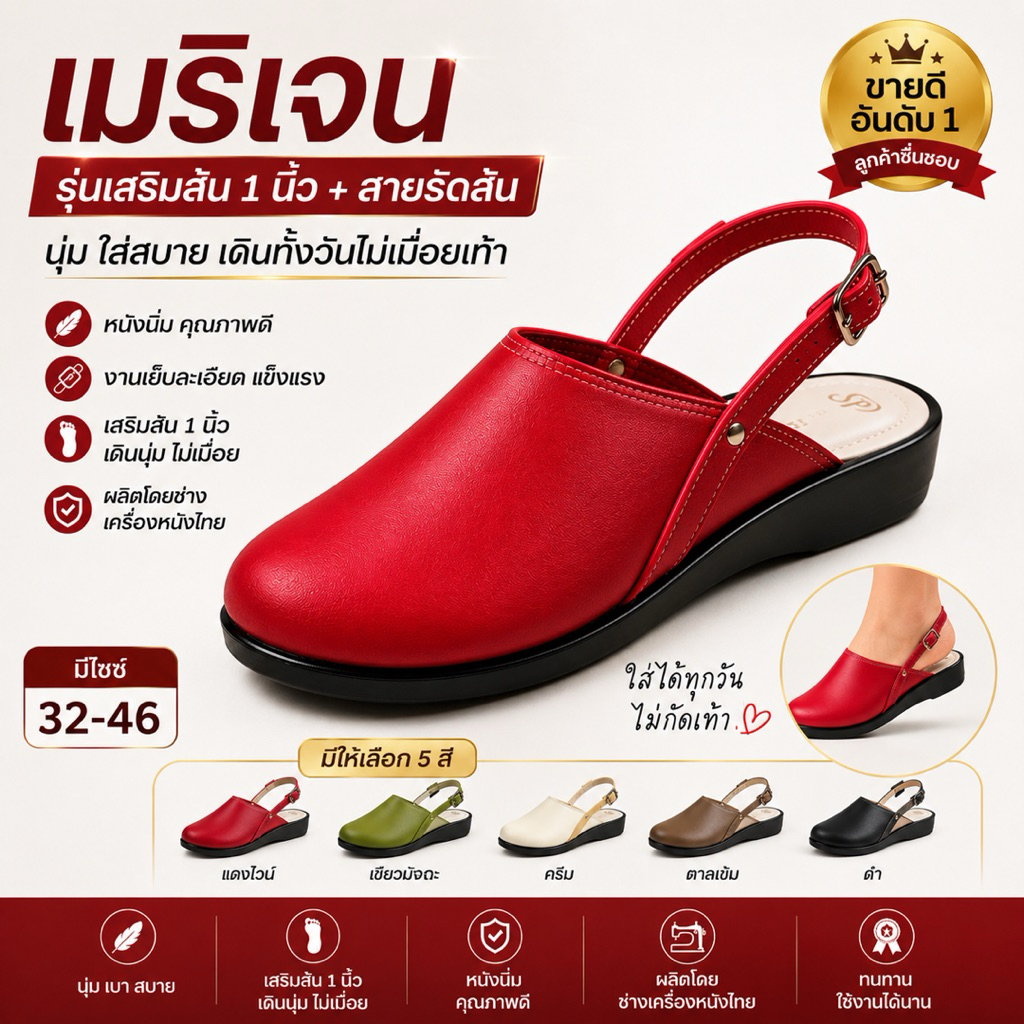 _ องเท้าแมรี่เจน รัดส้น หนังนิ่ม เสริมส้น 1 นิ้ว ใส่สบาย ไม่กัดเท้า ไซซ์ 32-46 SP Design