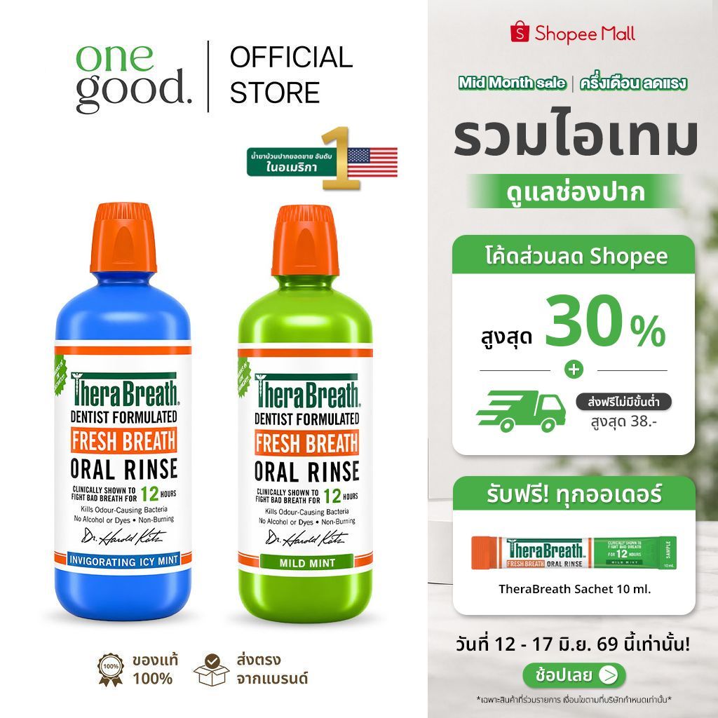 [คละสูตร x2] TheraBreath (Mild Mint) + (Icy Mint) 1L | น้ำยาบ้วนปาก ไม่มีแอลกอฮอล์ ลดกลิ่นปาก